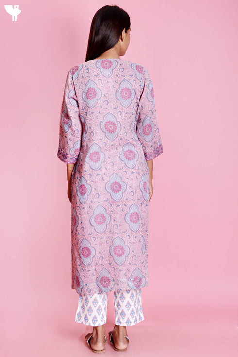 Kota Doria Kurta Pant Set With Dupatta In Block Print